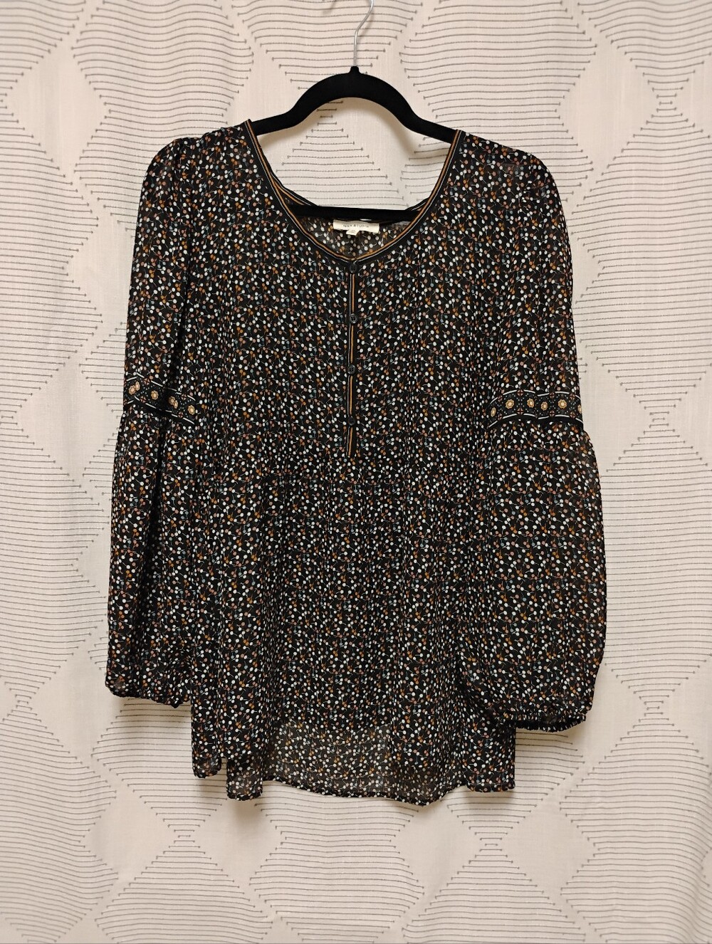 Max Studio Black Floral Boho Peasant Tunic Blouse XL Sheer Flowy Cottagecore
